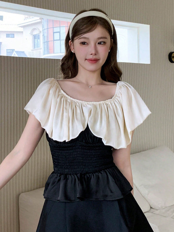 DAZY Blusa de dos tonos ribete con fruncido