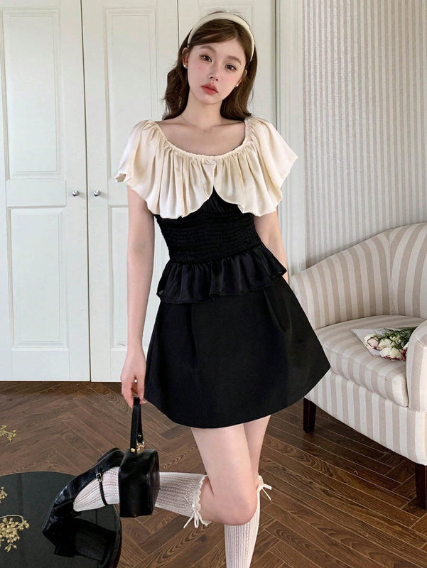 DAZY Blusa de dos tonos ribete con fruncido