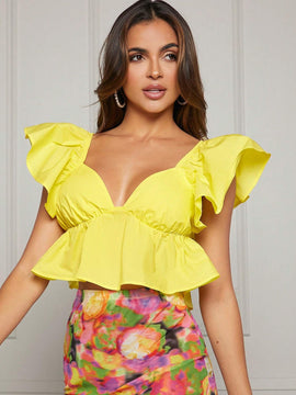 Top de peplum con mangas de volantes y lazo en la espalda