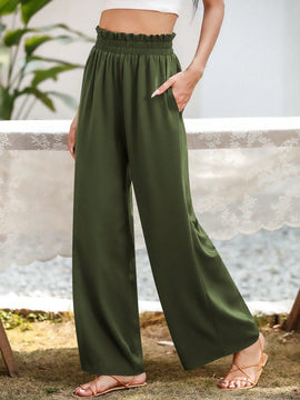 Essnce pantalones casuales sueltos de pierna ancha con bolsillos y cintura fruncida de unicolor para mujeres