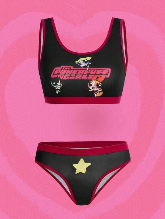 The Powerpuff Girls | ROMWE Set de lenceria con estampado de dibujos animados unido en contraste
