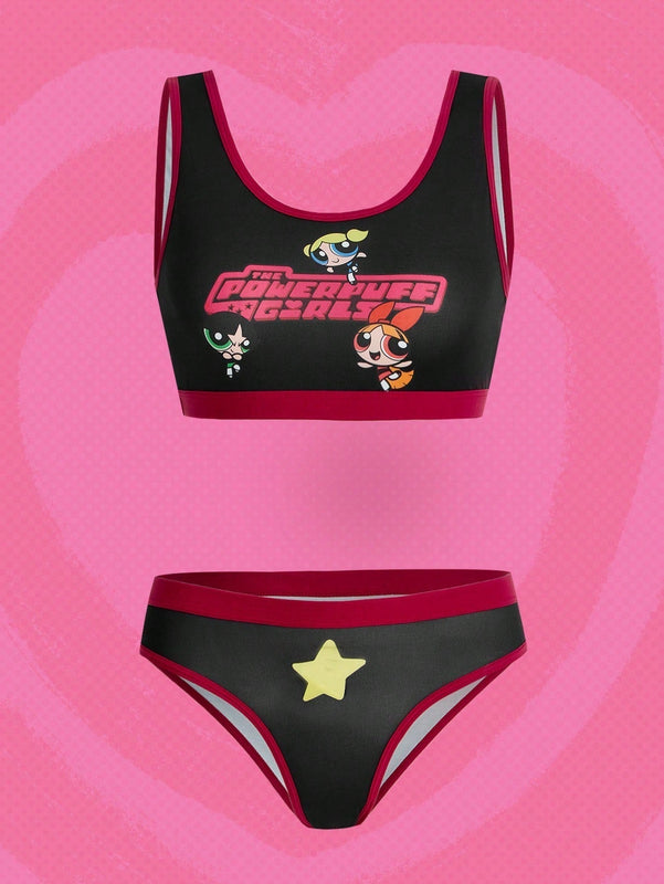 The Powerpuff Girls | ROMWE Set de lenceria con estampado de dibujos animados unido en contraste