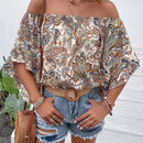 VCAY Blusa con estampado de paisley de hombros descubiertos de manga con volante