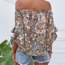 VCAY Blusa con estampado de paisley de hombros descubiertos de manga con volante
