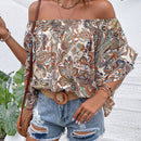 VCAY Blusa con estampado de paisley de hombros descubiertos de manga con volante