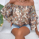 VCAY Blusa con estampado de paisley de hombros descubiertos de manga con volante
