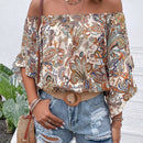 VCAY Blusa con estampado de paisley de hombros descubiertos de manga con volante