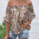 VCAY Blusa con estampado de paisley de hombros descubiertos de manga con volante