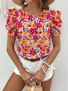 VCAY Blusa con estampado floral de manga farol