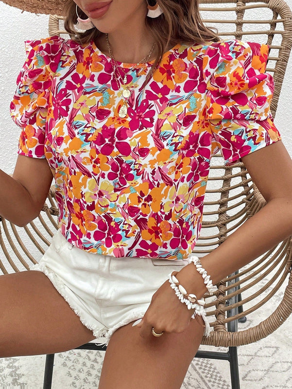 VCAY Blusa con estampado floral de manga farol
