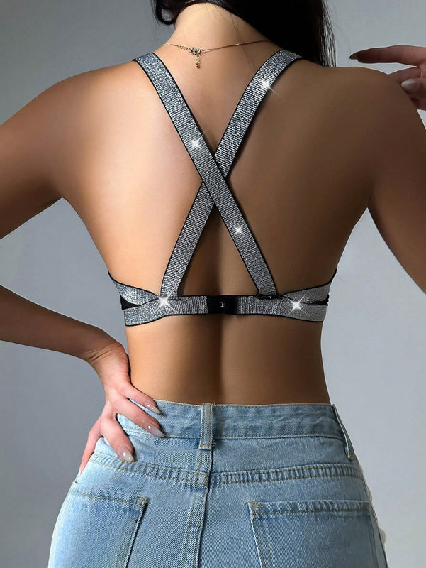 Copo Halter Top Sin Respaldo Con Cruzado Y Panel De Cinta Brillante Para Lenceria