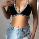 Copo Halter Top Sin Respaldo Con Cruzado Y Panel De Cinta Brillante Para Lenceria