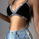 Copo Halter Top Sin Respaldo Con Cruzado Y Panel De Cinta Brillante Para Lenceria