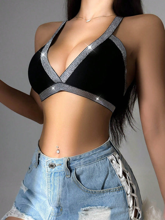 Copo Halter Top Sin Respaldo Con Cruzado Y Panel De Cinta Brillante Para Lenceria