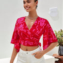 VCAY Camisa crop con estampado floral de manga con volante con nudo lateral