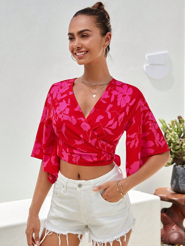 VCAY Camisa crop con estampado floral de manga con volante con nudo lateral