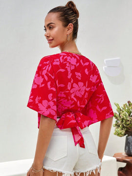 VCAY Camisa crop con estampado floral de manga con volante con nudo lateral