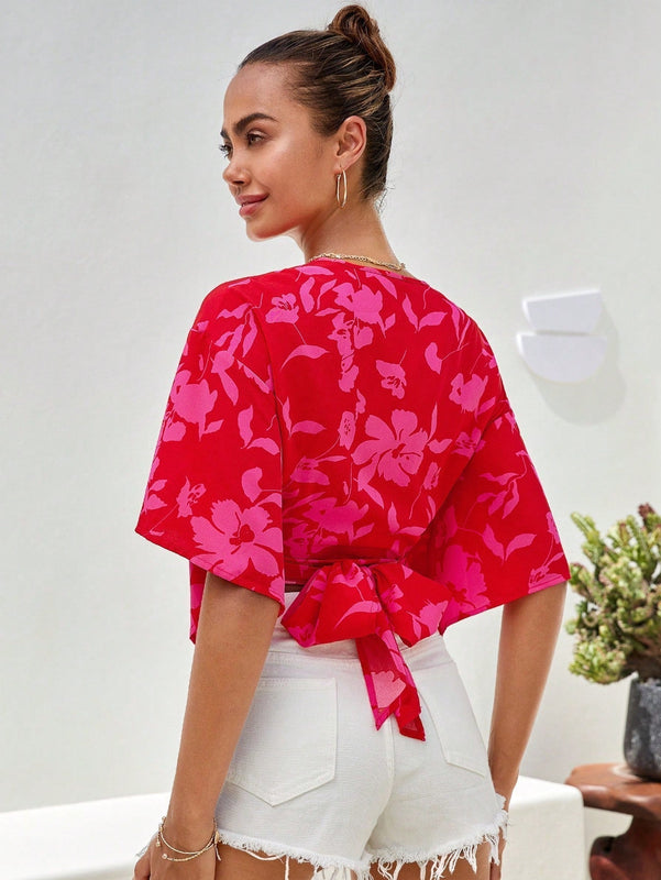 VCAY Camisa crop con estampado floral de manga con volante con nudo lateral