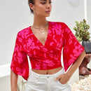 VCAY Camisa crop con estampado floral de manga con volante con nudo lateral