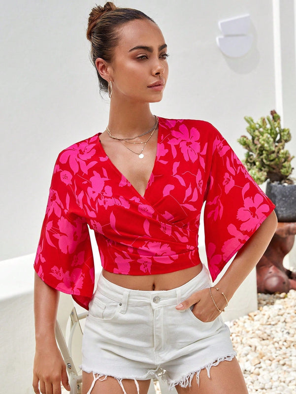 VCAY Camisa crop con estampado floral de manga con volante con nudo lateral