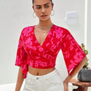 VCAY Camisa crop con estampado floral de manga con volante con nudo lateral