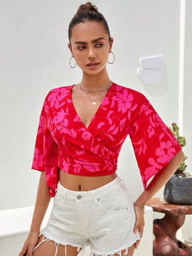 VCAY Camisa crop con estampado floral de manga con volante con nudo lateral