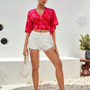 VCAY Camisa crop con estampado floral de manga con volante con nudo lateral