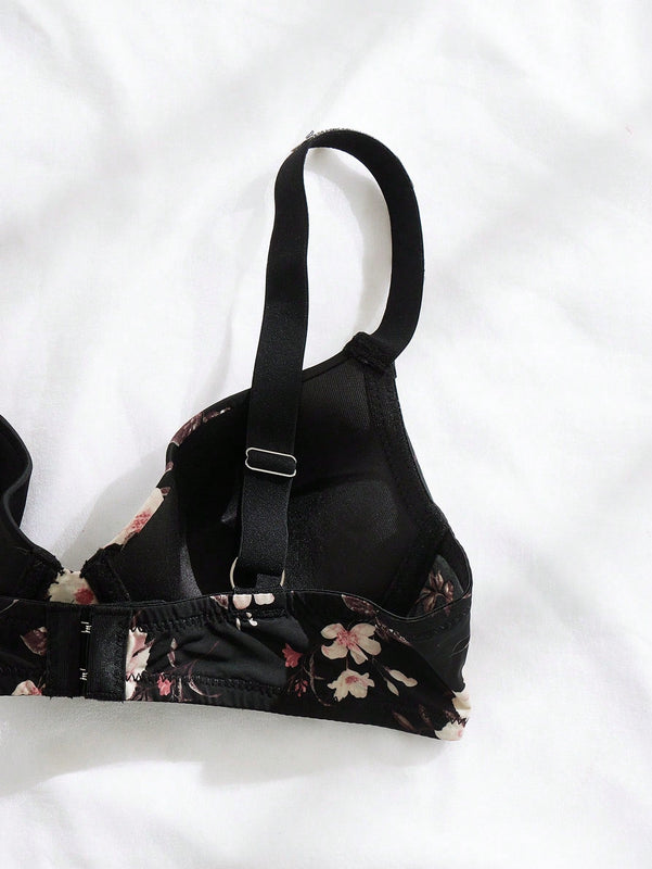 Sujetador De Encaje Con Aro Estampado Floreado Con Cinta De Letra