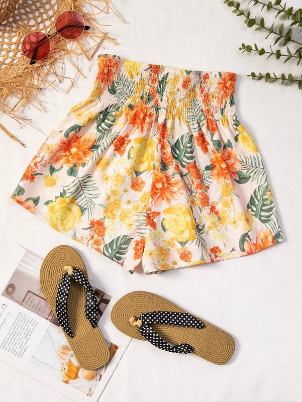 WYWH Shorts con estampado tropical de cintura fruncido