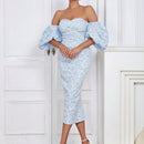 Vestido de hombros descubiertos de manga farol con abertura trasera floral jacquard