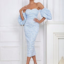 Vestido de hombros descubiertos de manga farol con abertura trasera floral jacquard