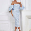 Vestido de hombros descubiertos de manga farol con abertura trasera floral jacquard