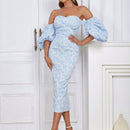 Vestido de hombros descubiertos de manga farol con abertura trasera floral jacquard