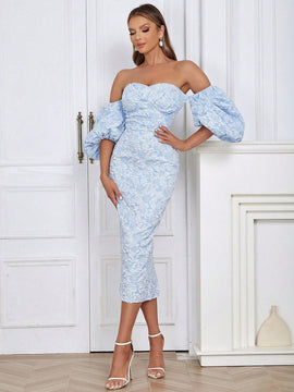 Vestido de hombros descubiertos de manga farol con abertura trasera floral jacquard