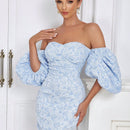 Vestido de hombros descubiertos de manga farol con abertura trasera floral jacquard