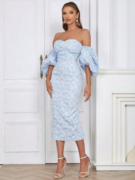 Vestido de hombros descubiertos de manga farol con abertura trasera floral jacquard