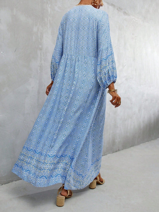 Vestido con estampado de manga farol con cordon delantero