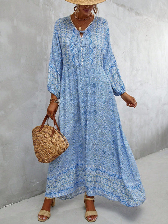 Vestido con estampado de manga farol con cordon delantero