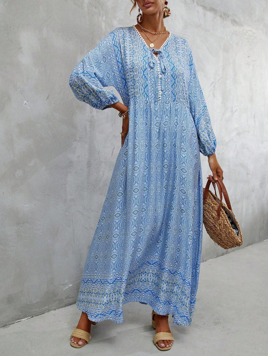 Vestido con estampado de manga farol con cordon delantero