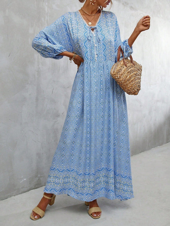 Vestido con estampado de manga farol con cordon delantero