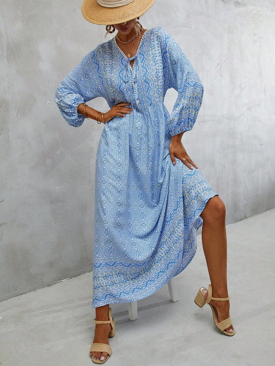 Vestido con estampado de manga farol con cordon delantero