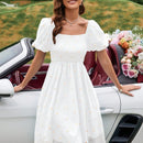 VCAY Vestido de malla con bordado floral de cuello cuadrado de manga farol