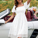VCAY Vestido de malla con bordado floral de cuello cuadrado de manga farol