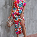 VCAY Vestido con estampado floral de cuello asimetrico de manga farol de muslo con abertura