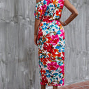 VCAY Vestido con estampado floral de cuello asimetrico de manga farol de muslo con abertura