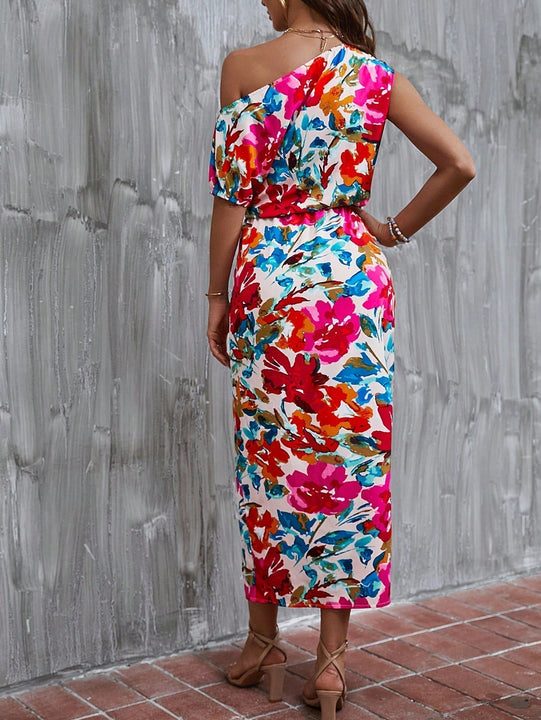 VCAY Vestido con estampado floral de cuello asimetrico de manga farol de muslo con abertura