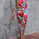 VCAY Vestido con estampado floral de cuello asimetrico de manga farol de muslo con abertura