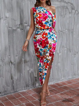 VCAY Vestido con estampado floral de cuello asimetrico de manga farol de muslo con abertura