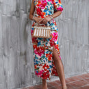 VCAY Vestido con estampado floral de cuello asimetrico de manga farol de muslo con abertura