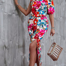 VCAY Vestido con estampado floral de cuello asimetrico de manga farol de muslo con abertura